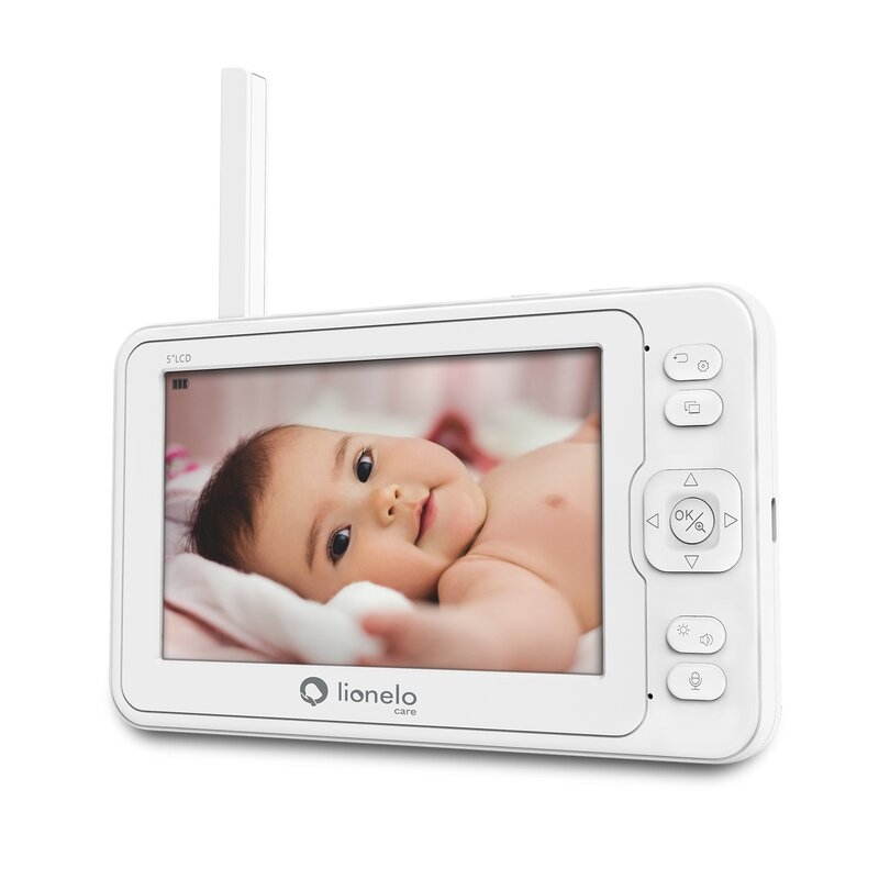 Lionelo - Videofon Babyline 8.3, Cu termometru, Cu melodii, Comunicare in 2 sensuri, Rotire 360 grade, Alb Lionelo - Videofon Babyline 8.3, Cu termometru, Cu melodii, Comunicare in 2 sensuri, Rotire 360 grade, Alb