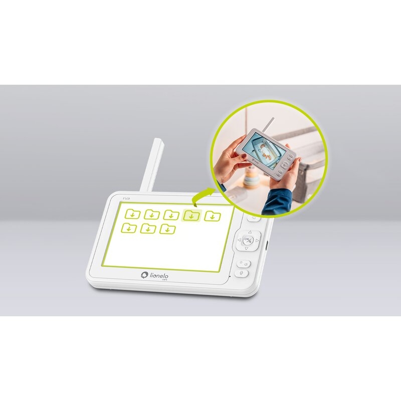 Lionelo - Videofon Babyline 8.3, Cu termometru, Cu melodii, Comunicare in 2 sensuri, Rotire 360 grade, Alb Lionelo - Videofon Babyline 8.3, Cu termometru, Cu melodii, Comunicare in 2 sensuri, Rotire 360 grade, Alb