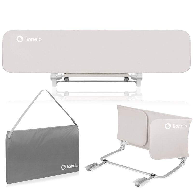 Bariera de protectie pentru pat, Lionelo, Lora XL, Pliabila, Sistem de blocare StandSafe, Geanta de transport inclusa, 150x46 cm, Conform cu BS 7972:2001+A1:2009, Bej