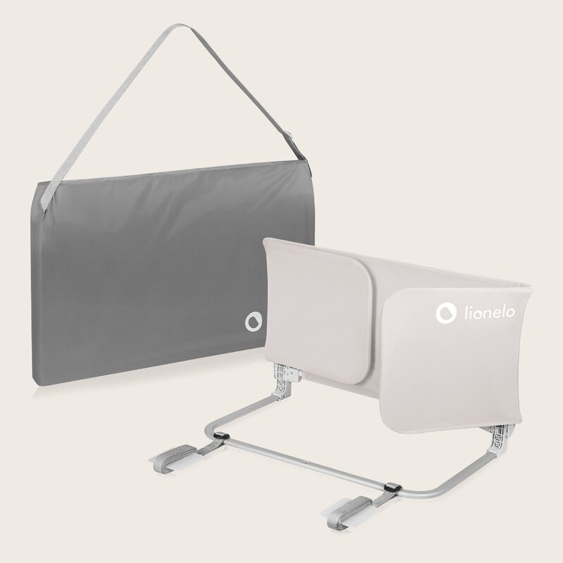 Bariera de protectie pentru pat, Lionelo, Lora XL, Pliabila, Sistem de blocare StandSafe, Geanta de transport inclusa, 150x46 cm, Conform cu BS 7972:2001+A1:2009, Bej