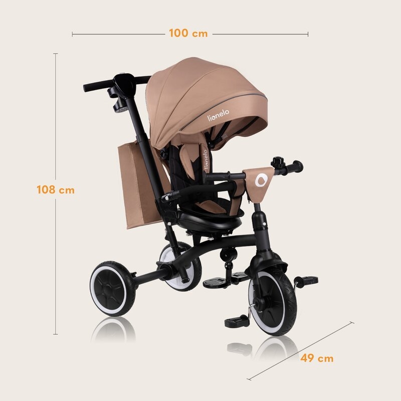 Tricicleta copii, Lionelo, Tris Plus, Ultrapliabila, Multifunctionala, Pana la 25 kg, Inclinare spatar in fata si in spate, Suport picioare, Control al directiei, Scaun reversibil, Rotire 360 grade, Conform cu EN71, 9 luni-5 ani, Bej