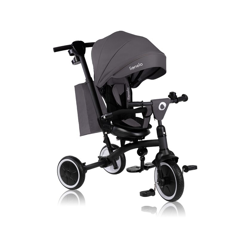 Tricicleta copii, Lionelo, Tris Plus, Ultrapliabila, Multifunctionala, Pana la 25 kg, Inclinare spatar in fata si in spate, Suport picioare, Control al directiei, Scaun reversibil, Rotire 360 grade, Conform cu EN71, 9 luni-5 ani, Gri