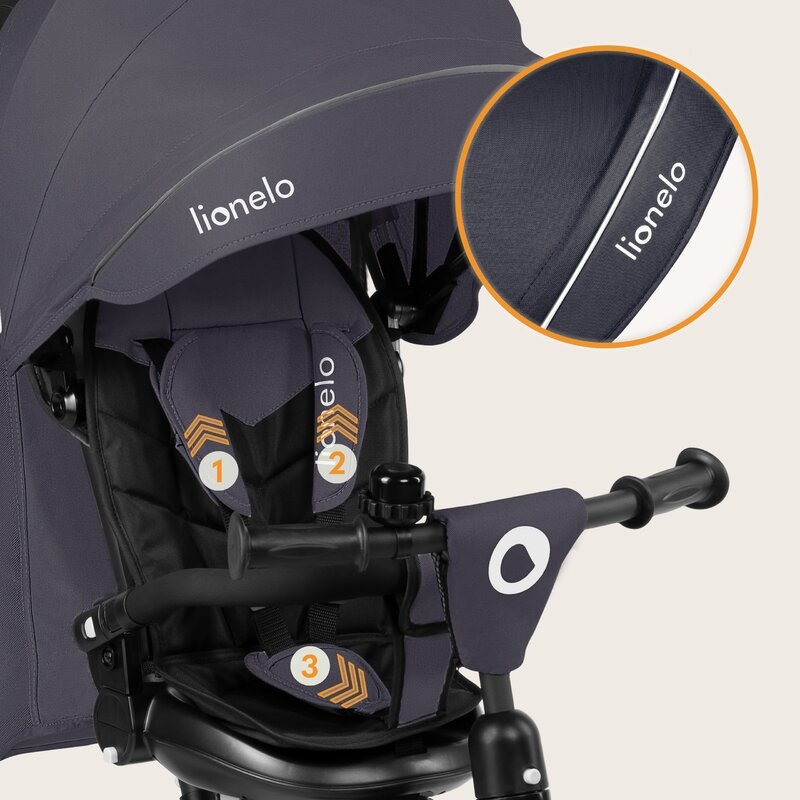Tricicleta copii, Lionelo, Tris Plus, Ultrapliabila, Multifunctionala, Pana la 25 kg, Inclinare spatar in fata si in spate, Suport picioare, Control al directiei, Scaun reversibil, Rotire 360 grade, Conform cu EN71, 9 luni-5 ani, Gri