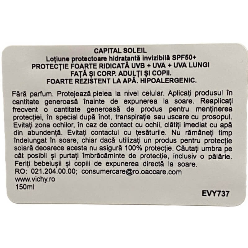 Lotiune hidratanta invizibila pentru fata si corp, SPF 50+ Capital Soleil, 150 ml, Vichy