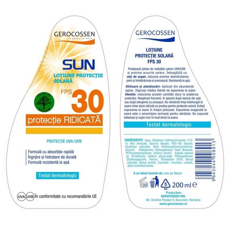 Lotiune pentru protectie solara SPF 30 Sun, 200 ml, Gerocossen
