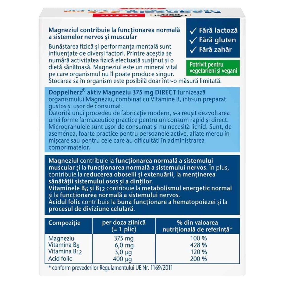 Aktiv Magneziu 375 mg Direct + Vitaminele B6 + B12 + Acid folic, 20 plicuri, Doppelherz Aktiv Magneziu 375 mg Direct + Vitaminele B6 + B12 + Acid folic, 20 plicuri, Doppelherz
