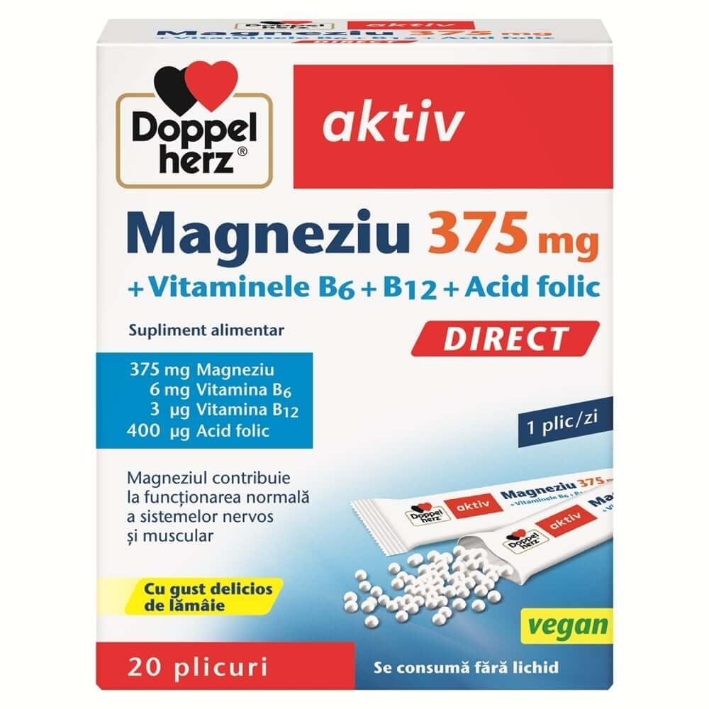 Aktiv Magneziu 375 mg Direct + Vitaminele B6 + B12 + Acid folic, 20 plicuri, Doppelherz Aktiv Magneziu 375 mg Direct + Vitaminele B6 + B12 + Acid folic, 20 plicuri, Doppelherz