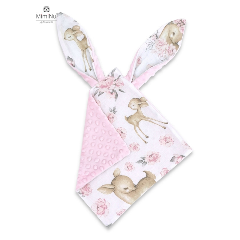 Jucarie textila senzoriala, Moale, Cu doua fete, 30 x 30 cm, Din tesatura minky si bumbac, Materiale certificate Oeko Tex Standard 100, Minky Sweet Deer Pink, MimiNu