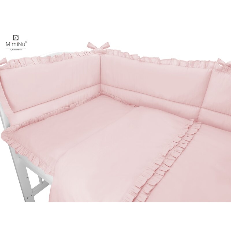 Lenjerie patut cu 4 piese, Cu doua protectii laterale, Cu volanase, Colectia Royal, Powder Pink, Din bumbac, Pentru patut 120x60 cm, MimiNu