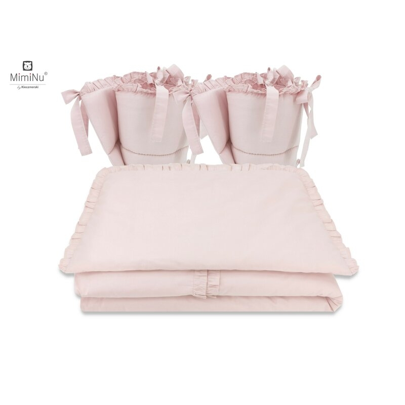 Lenjerie patut cu 4 piese, Cu doua protectii laterale, Cu volanase, Colectia Royal, Powder Pink, Din bumbac, Pentru patut 120x60 cm, MimiNu