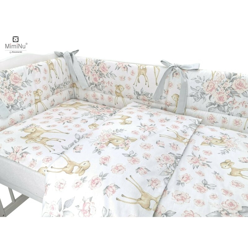 Lenjerie patut cu 4 piese, Cu doua protectii laterale, Sweet Deer Pink, Din bumbac, Pentru patut 120x60 cm, MimiNu Lenjerie patut cu 4 piese, Cu doua protectii laterale, Sweet Deer Pink, Din bumbac, Pentru patut 120x60 cm, MimiNu