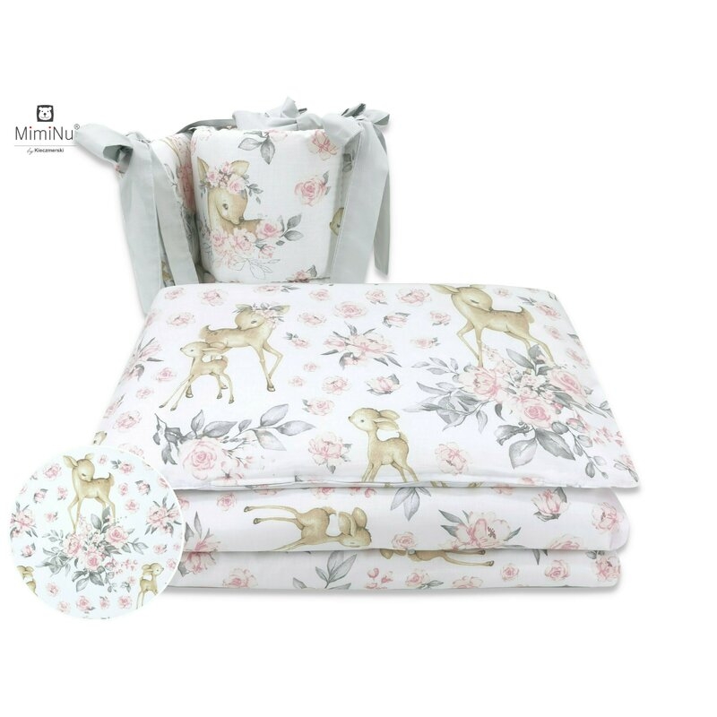 Lenjerie patut cu 4 piese, Cu doua protectii laterale, Sweet Deer Pink, Din bumbac, Pentru patut 120x60 cm, MimiNu Lenjerie patut cu 4 piese, Cu doua protectii laterale, Sweet Deer Pink, Din bumbac, Pentru patut 120x60 cm, MimiNu