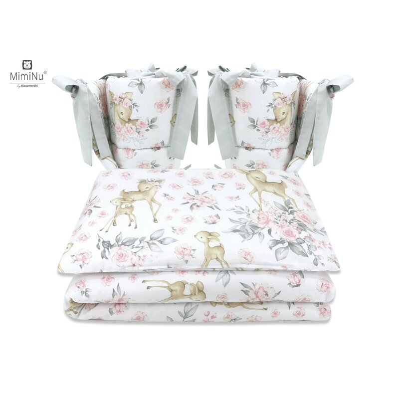 Lenjerie patut cu 4 piese, Cu doua protectii laterale, Sweet Deer Pink, Din bumbac, Pentru patut 120x60 cm, MimiNu Lenjerie patut cu 4 piese, Cu doua protectii laterale, Sweet Deer Pink, Din bumbac, Pentru patut 120x60 cm, MimiNu