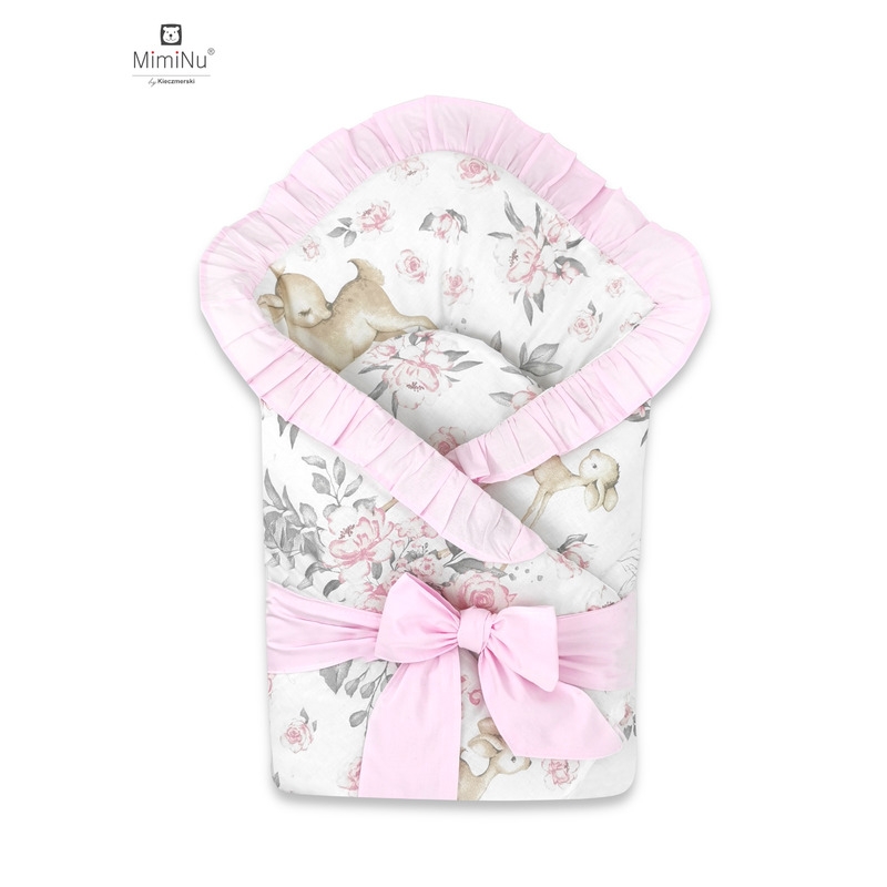 Paturica de infasat multifunctionala, Cu volanase, Cu inchidere cu panglica si arici velcro, Dimensiune 75x75 cm, Din bumbac certificat Oeko Tex Standard 100, Sweet Deer Pink/Pink, MimiNu Paturica de infasat multifunctionala, Cu volanase, Cu inchidere cu panglica si arici velcro, Dimensiune 75x75 cm, Din bumbac certificat Oeko Tex Standard 100, Sweet Deer Pink/Pink, MimiNu