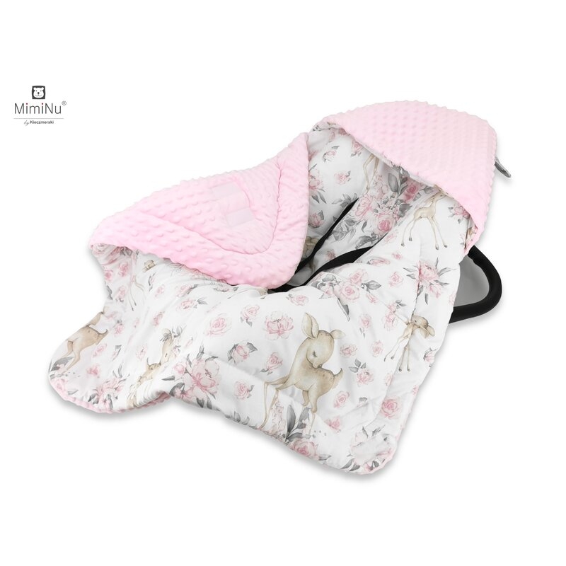 Paturica de infasat pentru scoica, scaun auto/carucior, Cu gluga si urechi, Cu sistem de prindere pe baza de velcro, Dimensiune 90x90 cm, Din tesatura pufoasa Minky + Bumbac, Sweet Deer Pink, MimiNu