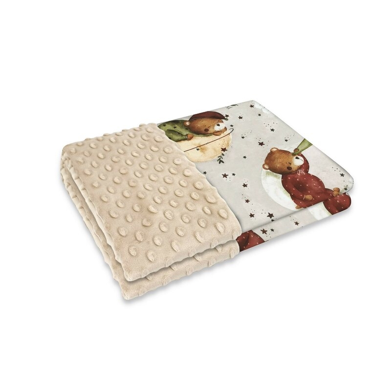 MimiNu - Paturica pufoasa cu doua fete, Dimensiune 75x100 cm, Din tesatura Minky si bumbac, Materiale certificate Oeko Tex Standard 100, Teddy Bear On Moon