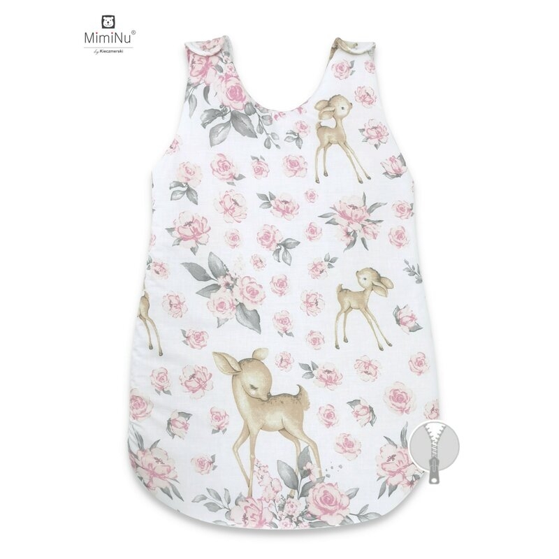 Sac de dormit pentru bebelusi, De iarna, Din bumbac, Cu fermoar lateral, Cu capse pe umar, 70 cm, 0 – 6 luni, 2.5 Tog, Sweet Deer Pink, MimiNu