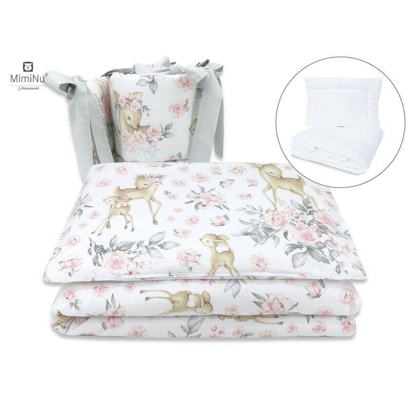 Set lenjerie patut 5 piese, Cu pilota si perna, Din bumbac, Pentru patut 120x60 cm, Sweet Deer Pink, MimiNu Set lenjerie patut 5 piese, Cu pilota si perna, Din bumbac, Pentru patut 120x60 cm, Sweet Deer Pink, MimiNu