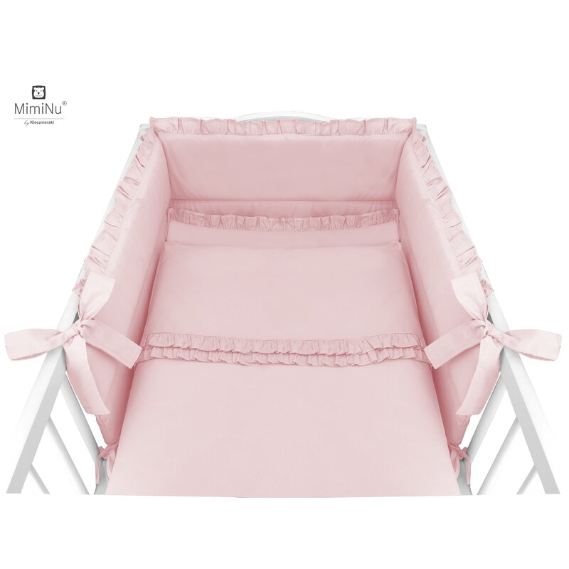 Set lenjerie patut 5 piese, Cu volanase, Cu pilota si perna, Din bumbac, Pentru patut 120x60 cm, Colectia Royal, Powder Pink, MimiNu