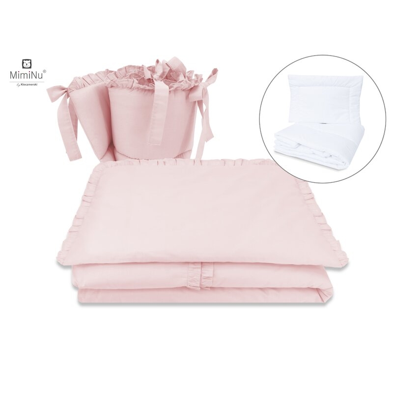 Set lenjerie patut 5 piese, Cu volanase, Cu pilota si perna, Din bumbac, Pentru patut 120x60 cm, Colectia Royal, Powder Pink, MimiNu