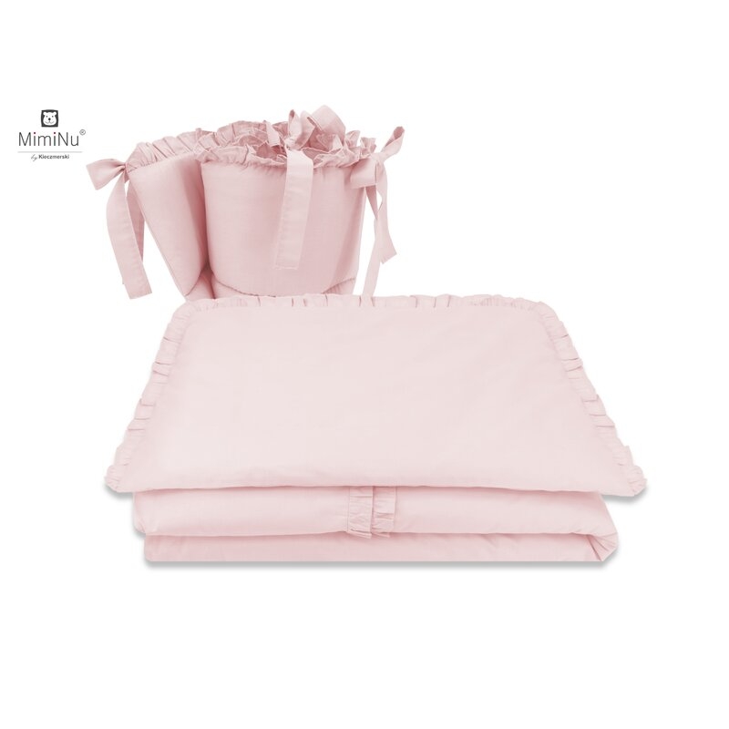 Set lenjerie patut 5 piese, Cu volanase, Cu pilota si perna, Din bumbac, Pentru patut 120x60 cm, Colectia Royal, Powder Pink, MimiNu