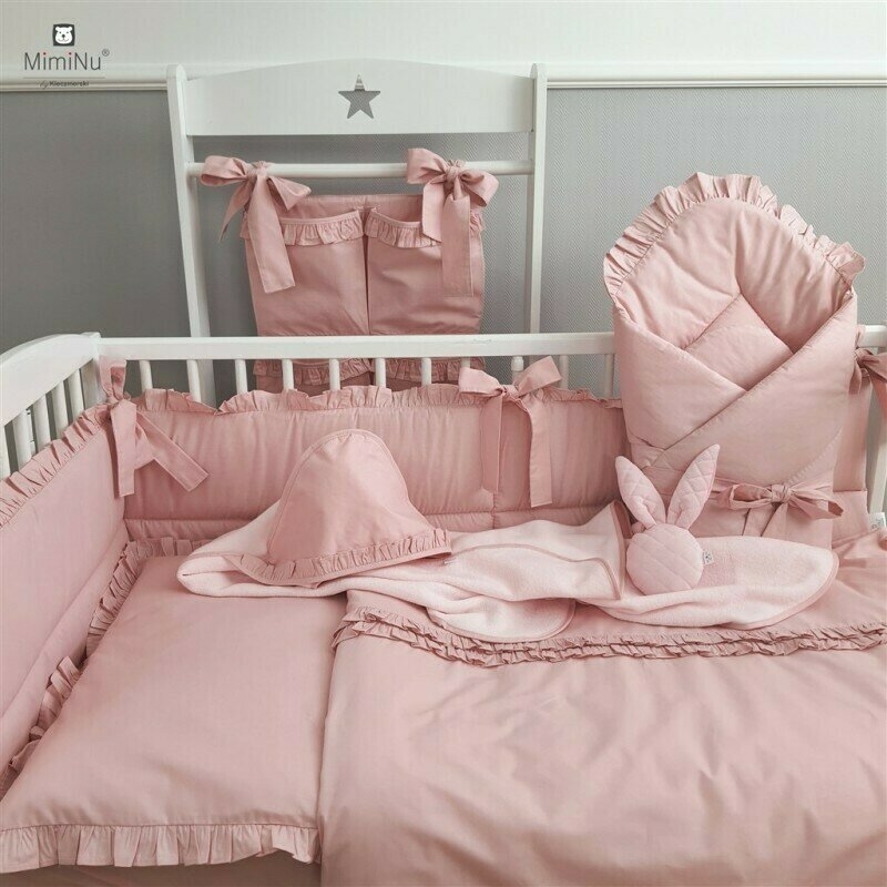 Set lenjerie patut 5 piese, Cu volanase, Cu pilota si perna, Din bumbac, Pentru patut 120x60 cm, Colectia Royal, Powder Pink, MimiNu