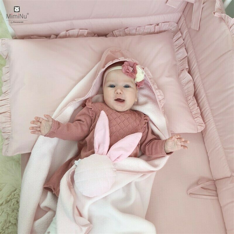 Set lenjerie patut 5 piese, Cu volanase, Cu pilota si perna, Din bumbac, Pentru patut 120x60 cm, Colectia Royal, Powder Pink, MimiNu