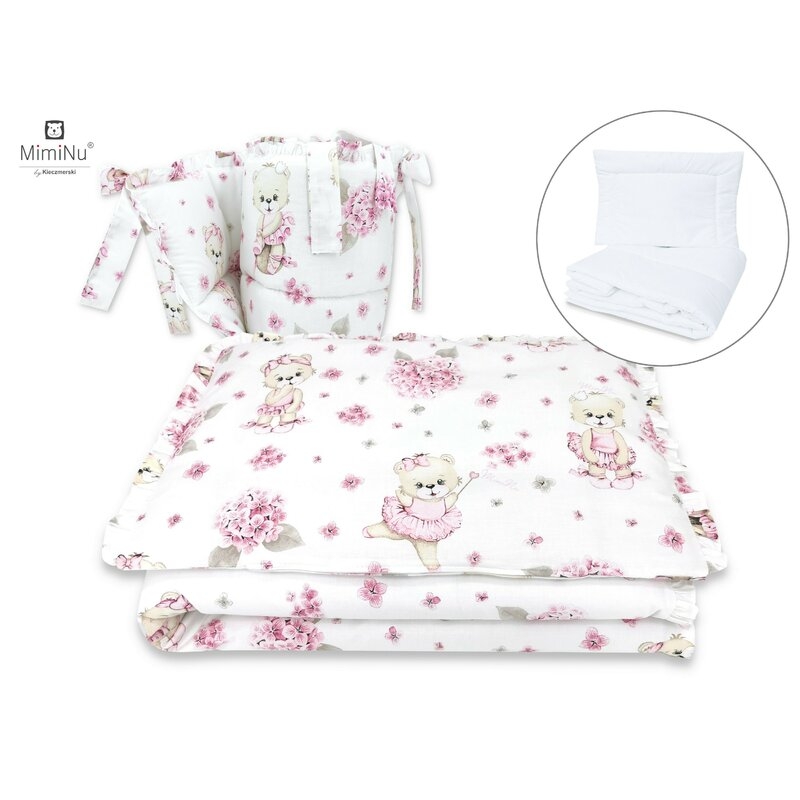 MimiNu - Set lenjerie patut cu 6 piese, Cu volanase, Cu pilota si perna, Cu doua aparatori laterale, Din bumbac, Pentru patut 120x60 cm, Design, Pink Ballerina MimiNu - Set lenjerie patut cu 6 piese, Cu volanase, Cu pilota si perna, Cu doua aparatori laterale, Din bumbac, Pentru patut 120x60 cm, Design, Pink Ballerina