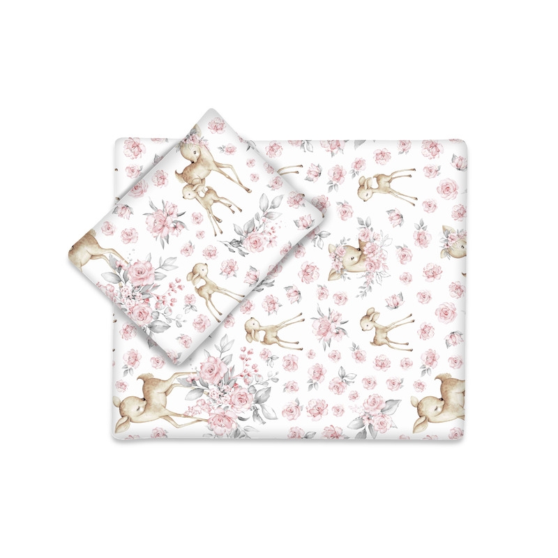 MimiNU - Set pentru carucior cu pernuta si paturica, Cu huse detasabile si lavabile, Din bumbac certificat Oeko Tex Standard 100, Sweet deer Pink