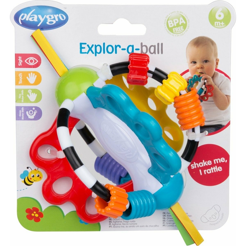Minge cu activitati pentru bebelusi, Cu diferite texturi si suprafete, 11.5 cm, Explore-a-Ball, Playgro Minge cu activitati pentru bebelusi, Cu diferite texturi si suprafete, 11.5 cm, Explore-a-Ball, Playgro
