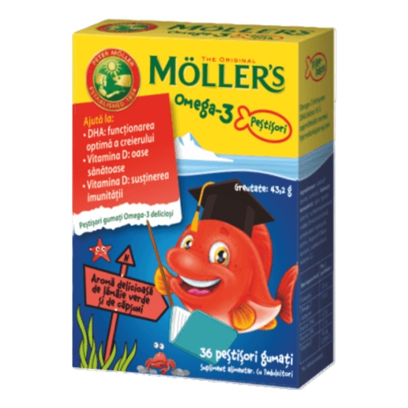 Pestisori gumati cu Omega-3 aroma de lamaie verde si capsuni, 36 jeleuri, Moller's Pestisori gumati cu Omega-3 aroma de lamaie verde si capsuni, 36 jeleuri, Moller's
