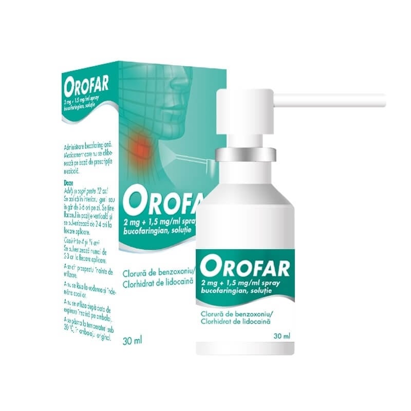 Orofar, 2 mg + 1,5 mg/ml spray bucofaringian, solutie, 30 ml, Stada Orofar, 2 mg + 1,5 mg/ml spray bucofaringian, solutie, 30 ml, Stada