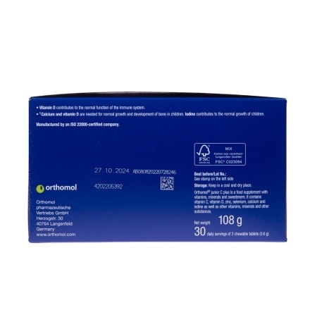Junior C Plus cu aroma de mandarina si portocala, 30 plicuri cu 3 tablete masticabile, Orthomol