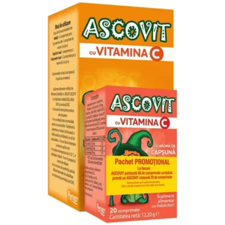 Pachet Ascovit cu vitamina C si aroma de portocala 100 mg, 60 comprimate + Ascovit cu Vitamina C si aroma de capsuni 100 mg, 20 coprimate, Perrigo Pachet Ascovit cu vitamina C si aroma de portocala 100 mg, 60 comprimate + Ascovit cu Vitamina C si aroma de capsuni 100 mg, 20 coprimate, Perrigo