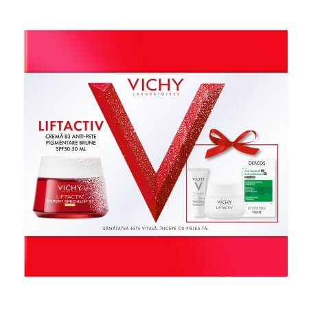 Pachet Crema SPF 50 Liftactiv Pigment Specialist B3, 50 ml + Crema de noapte Liftactiv Pigment Specialist B3, 15 ml + Fluid cu SPF 50+ Capital Soleil, 3 ml + Sampon anti-matreata Dercos, 6 ml, Vichy