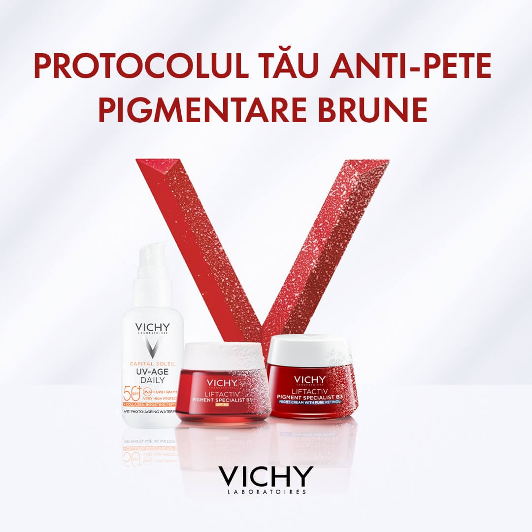 Pachet Crema SPF 50 Liftactiv Pigment Specialist B3, 50 ml + Crema de noapte Liftactiv Pigment Specialist B3, 15 ml + Fluid cu SPF 50+ Capital Soleil, 3 ml + Sampon anti-matreata Dercos, 6 ml, Vichy