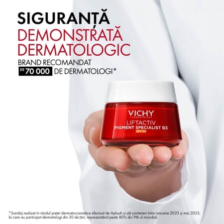 Pachet Crema SPF 50 Liftactiv Pigment Specialist B3, 50 ml + Crema de noapte Liftactiv Pigment Specialist B3, 15 ml + Fluid cu SPF 50+ Capital Soleil, 3 ml + Sampon anti-matreata Dercos, 6 ml, Vichy
