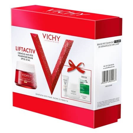 Pachet Crema SPF 50 Liftactiv Pigment Specialist B3, 50 ml + Crema de noapte Liftactiv Pigment Specialist B3, 15 ml + Fluid cu SPF 50+ Capital Soleil, 3 ml + Sampon anti-matreata Dercos, 6 ml, Vichy
