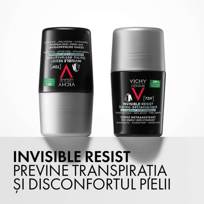 Pachet Deodorant roll-on Homme Invisible Resist 72h, 50 ml + 50 ml, Vichy Pachet Deodorant roll-on Homme Invisible Resist 72h, 50 ml + 50 ml, Vichy
