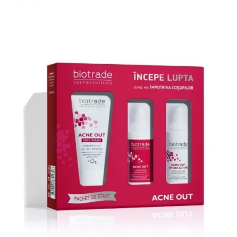 Pachet Acne Out gel de curatare, 50 ml + Active lotiune, 20 ml + Crema hidratanta, 20 ml, Biotrade Pachet Acne Out gel de curatare, 50 ml + Active lotiune, 20 ml + Crema hidratanta, 20 ml, Biotrade