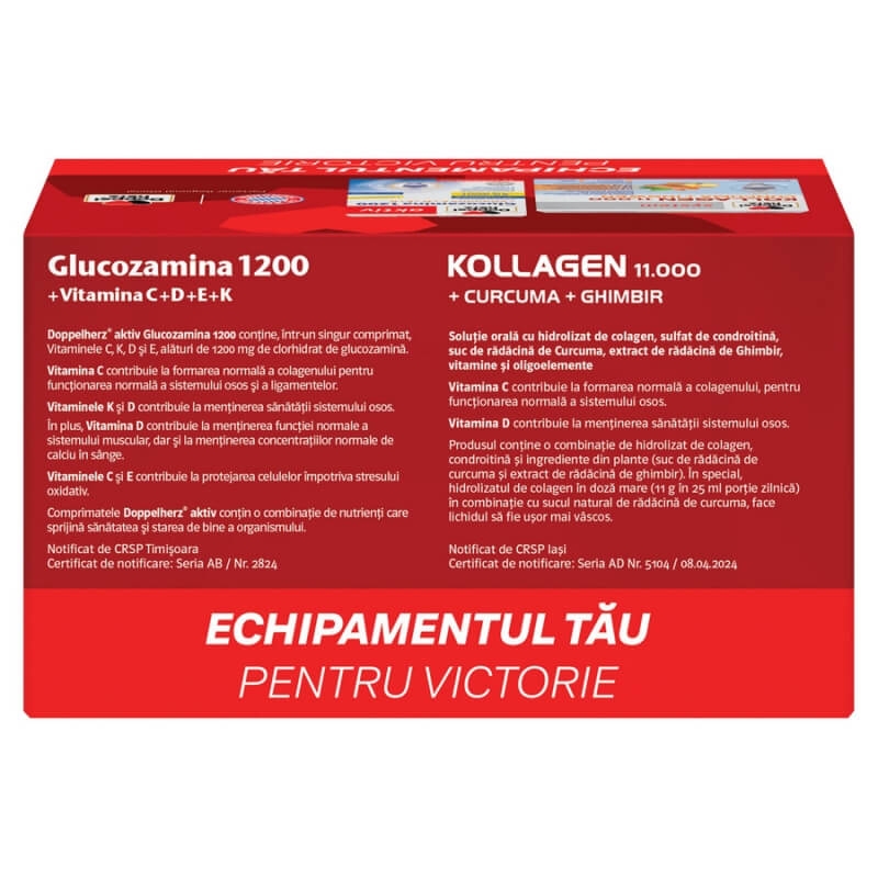 Pachet Kollagen 11.000 Curcuma si ghimbir System, 30 flacoane + Glucozamina 1200 + Vitamina C+D+E+K, 30compr, Doppelherz Pachet Kollagen 11.000 Curcuma si ghimbir System, 30 flacoane + Glucozamina 1200 + Vitamina C+D+E+K, 30compr, Doppelherz