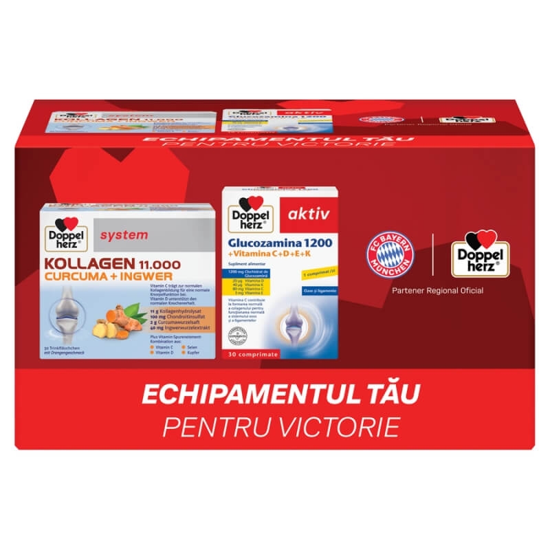 Pachet Kollagen 11.000 Curcuma si ghimbir System, 30 flacoane + Glucozamina 1200 + Vitamina C+D+E+K, 30compr, Doppelherz Pachet Kollagen 11.000 Curcuma si ghimbir System, 30 flacoane + Glucozamina 1200 + Vitamina C+D+E+K, 30compr, Doppelherz