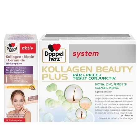 Pachet System Kollagen Beauty Plus, 30 flacoane + Aktiv Kollagen + Biotina + Ceramide, 25 ml, 10 flacoane, Doppelherz Pachet System Kollagen Beauty Plus, 30 flacoane + Aktiv Kollagen + Biotina + Ceramide, 25 ml, 10 flacoane, Doppelherz