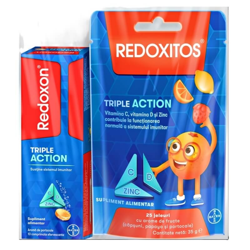 Pachet Redoxon Triple Action 10 comprimate efervescente + Redoxitos Triple Action, 25 jeleuri, Bayer Pachet Redoxon Triple Action 10 comprimate efervescente + Redoxitos Triple Action, 25 jeleuri, Bayer