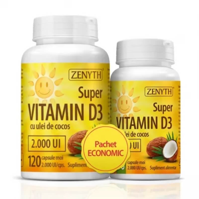 Pachet Super Vitamina D3 cu ulei de cocos 2000 UI, 120+30 capsule, Zenyth