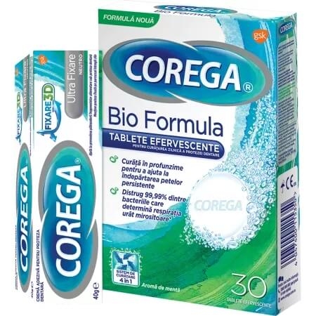 Pachet Tablete Bio Formula, 30 tablete + Crema adeziva pentru proteza dentara Neutro Corega, 40 g, Gsk (Haleon) Pachet Tablete Bio Formula, 30 tablete + Crema adeziva pentru proteza dentara Neutro Corega, 40 g, Gsk (Haleon)