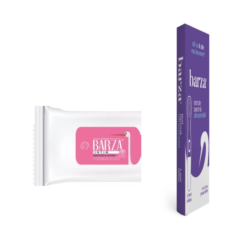 Pachet Test de sarcina stilou + Servetele intime cu bicarbonat, 20 buc, Barza Pachet Test de sarcina stilou + Servetele intime cu bicarbonat, 20 buc, Barza