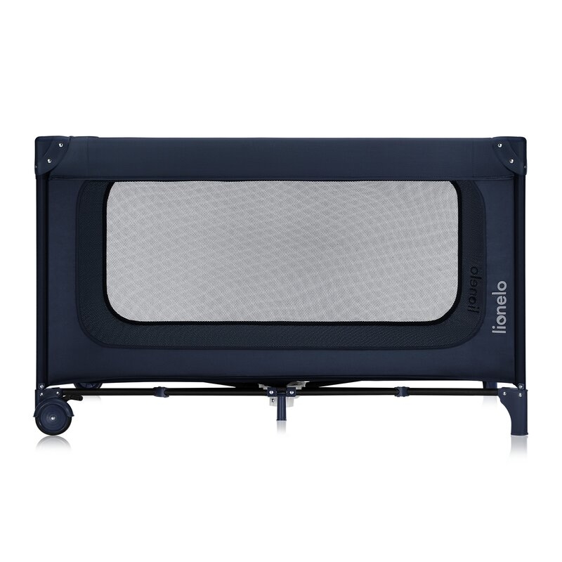 Patut pliant, Lionelo, Jasmin Easy Fold, Pana la 15 kg, Usor de pliat, Cu doua nivele, Cu saltea ergonomica T25, Cu intrare laterala cu fermoar, 2 roti cu frana, 120 x 60 cm, Conform cu EN 716, 0-36 luni, Albastru