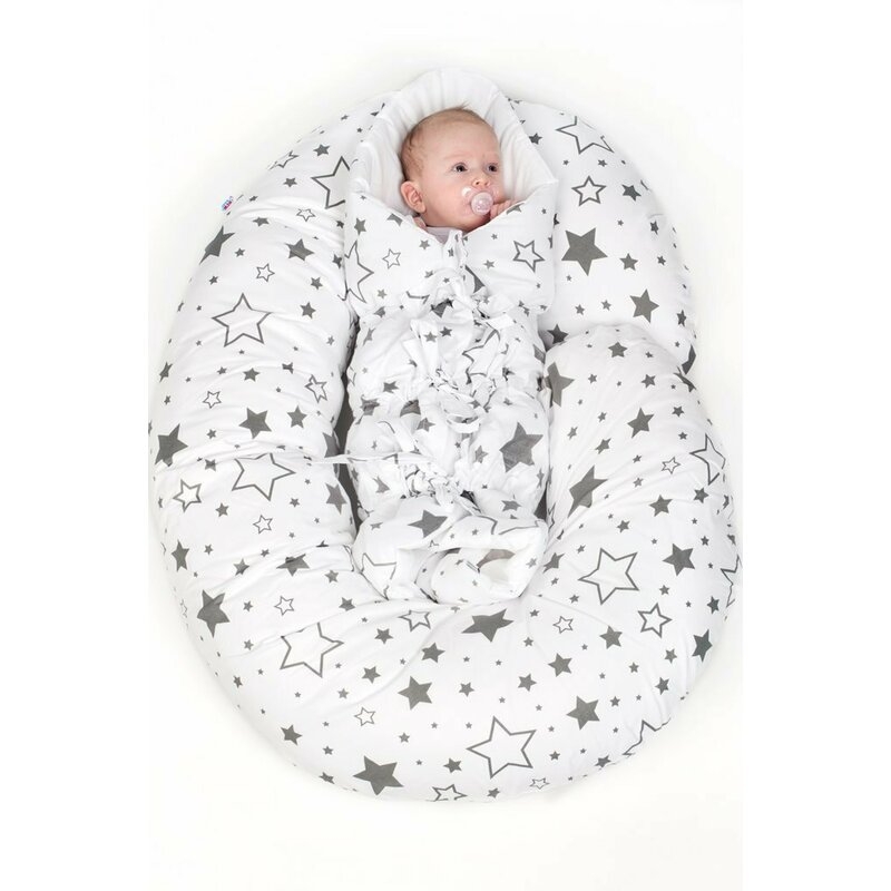 Perna alaptare, New Baby, Cu husa detasabila, In forma de C, Bumbac, Diametru 16 cm, Lungime in jurul circumferintei 285 cm, Stars White/Grey Perna alaptare, New Baby, Cu husa detasabila, In forma de C, Bumbac, Diametru 16 cm, Lungime in jurul circumferintei 285 cm, Stars White/Grey