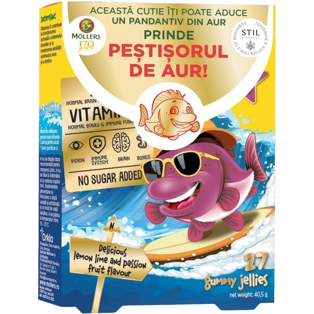Pestisori gumati cu Omega-3 si aroma de lamaie verde si fructul pasiunii, 27 jeleuri, Moller's Pestisori gumati cu Omega-3 si aroma de lamaie verde si fructul pasiunii, 27 jeleuri, Moller's